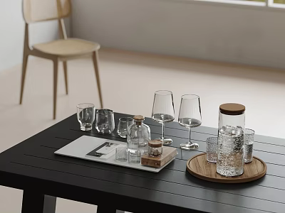 Elegant Wine Bottles And Glasses On Black Table With Wooden Tray And Small Glass Cups 3d model