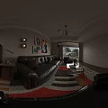 Modern Living And Dining Room With Black Leather Sofa Colorful Abstract Paintings Chandelier And Rug