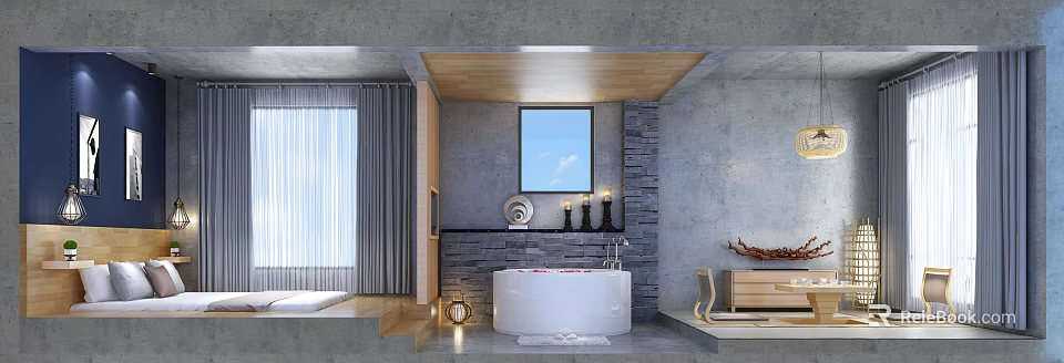 Hotel Guest Room With Concrete Walls Wooden Ceiling Stone Wall Bathtub And Window 3d model 