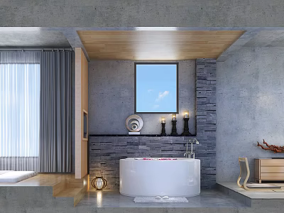 Hotel Guest Room With Concrete Walls Wooden Ceiling Stone Wall Bathtub And Window 3d model