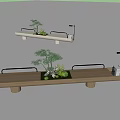 Modern Minimalist Wooden Tea Table and Chairs With Green Plants Tea Set and Small Lamp