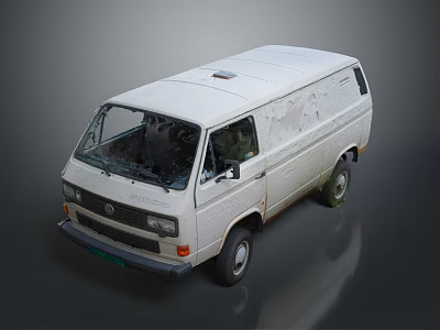 Old White Van Side View With Damaged Windshield And Peeling Paint Exterior 3d model