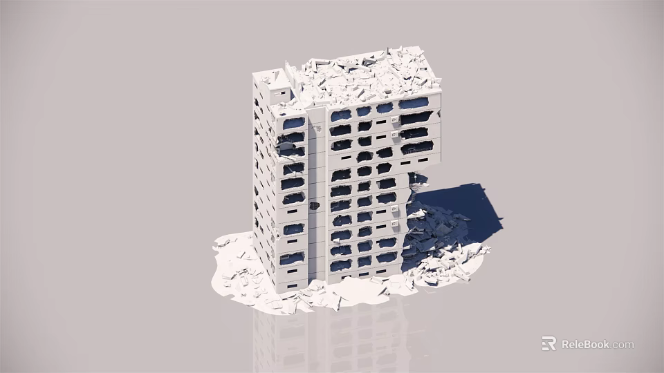 Collapsing White High Rise Building Structure With Broken Windows And Debris 3d model