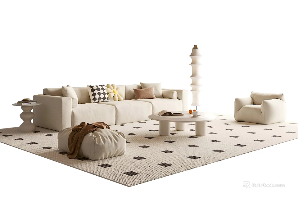 Modern Beige Sofa Coffee Table Set With Throw Pillows Patterned Rug And Floor Lamp 3d model 