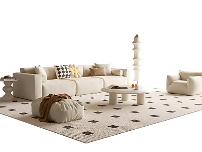 Modern Beige Sofa Coffee Table Set With Throw Pillows Patterned Rug And Floor Lamp 3d model