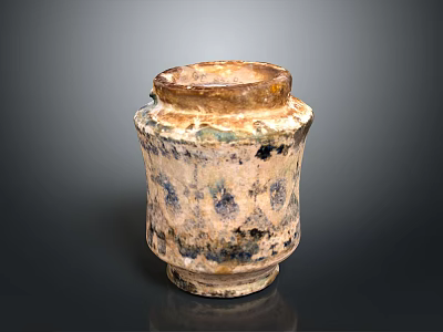 Ancient Ceramic Jar With Weathered Glaze Blue White Patterns Cylindrical Body Sturdy Base Wide Opening 3d model