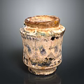 Ancient Ceramic Jar With Weathered Glaze Blue White Patterns Cylindrical Body Sturdy Base Wide Opening
