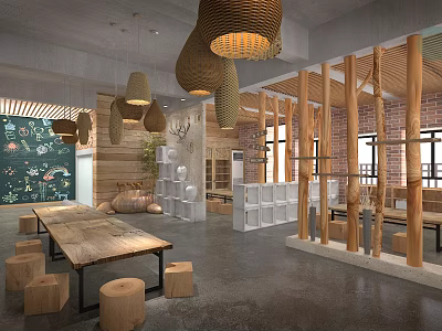 Modern School Interior Design With Wooden Elements Honeycomb Pendant Lights And Natural Light 3d model