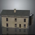 Two Story House With Yellow Exterior Gray Roof Chimney And Stone Wall Section