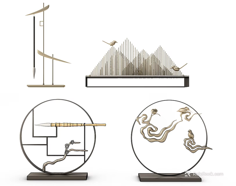 Ornamental Decor Set In Chinese Style With Mountain Shaped Elements Linear Structures And Bird Accents 3d model 