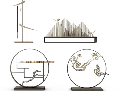 Ornamental Decor Set In Chinese Style With Mountain Shaped Elements Linear Structures And Bird Accents 3d model