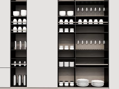 Stylish Tableware Set On Dark Kitchen Shelves With White Bowls Plates Mugs And Wine Glasses 3d model