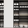 Stylish Tableware Set On Dark Kitchen Shelves With White Bowls Plates Mugs And Wine Glasses