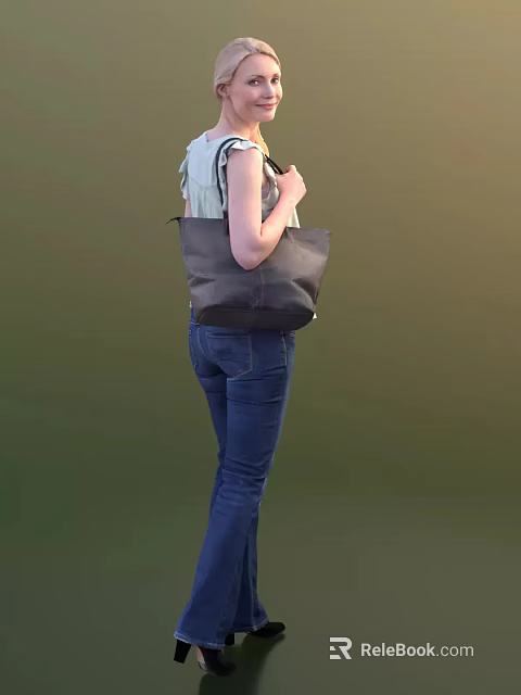 Woman in Light Green Top and Blue Jeans Carrying Gray Bag Back View 3d model 