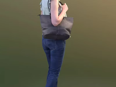 Woman in Light Green Top and Blue Jeans Carrying Gray Bag Back View 3d model