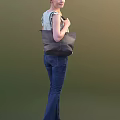 Woman in Light Green Top and Blue Jeans Carrying Gray Bag Back View