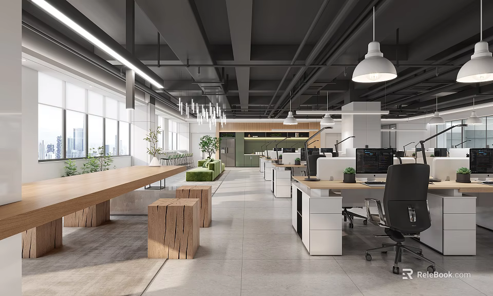 Modern Public Office Space With Open Workstations Ergonomic Chairs Plants And Large Windows 3d model 