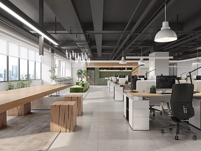 Modern Public Office Space With Open Workstations Ergonomic Chairs Plants And Large Windows 3d model