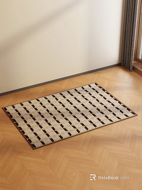 Square Rug with Geometric Brown Beige Pattern Woven on Wooden Floor in Room Corner 3d model 