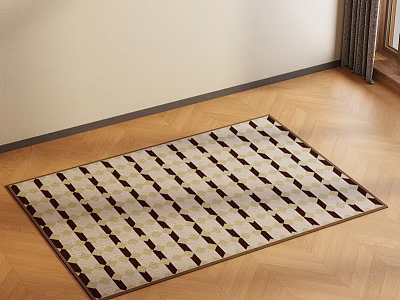 Square Rug with Geometric Brown Beige Pattern Woven on Wooden Floor in Room Corner 3d model