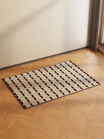 Square Rug with Geometric Brown Beige Pattern Woven on Wooden Floor in Room Corner 3d model