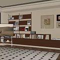 Modern Wooden Bookcase With Shelves Books Decorative Items And Artwork In Living Room