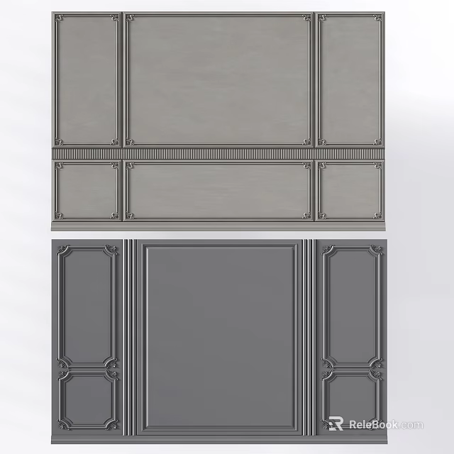 Elegant Gray Wainscoting Design With Decorative Molding And Symmetrical Panels 3d model