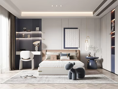 Elegant Modern Kids Room Interior Design With Bed Desk Chair Toy Rug And Shelves 3d model