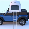 Blue Off Road Vehicle With White Roof Tent And Ladder For Camping Adventure