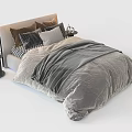 Modern Double Bed With Gray Comforter Brown Patterned Pillows And Side Nightstand 3d model