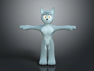 3D Cartoon Wolf Character With Big Eyes Gray White Fur Arms Outstretched For Game Animation 3d model