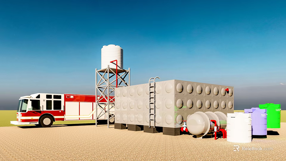Fire Fighting Equipment Setup With Fire Truck Large Water Storage Tank And Water Tower 3d model 