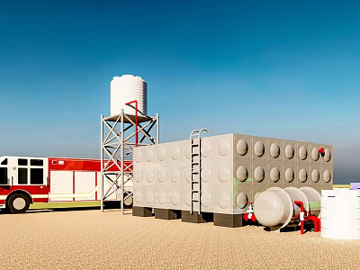 Fire Fighting Equipment Setup With Fire Truck Large Water Storage Tank And Water Tower 3d model