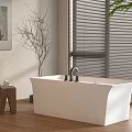 White Freestanding Bathtub in Modern Bathroom with Wooden Floor Blinds Plant and Wall Art