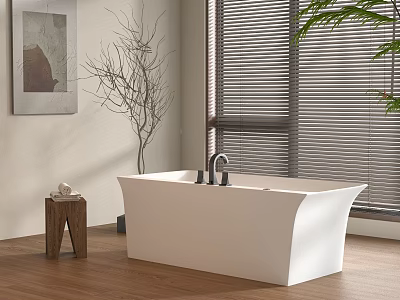 White Freestanding Bathtub in Modern Bathroom with Wooden Floor Blinds Plant and Wall Art 3d model
