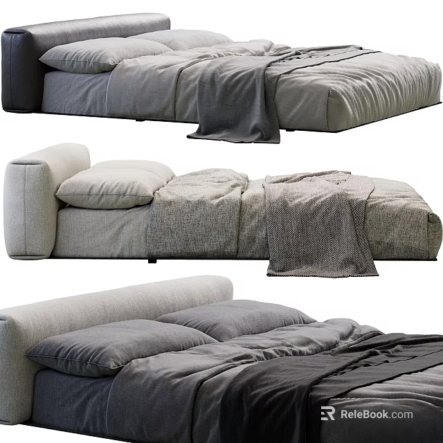 Modern Double Bed Interior With Gray Bedding Soft Pillows And Cozy Blanket 3d model 