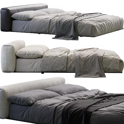 Modern Double Bed Interior With Gray Bedding Soft Pillows And Cozy Blanket 3d model