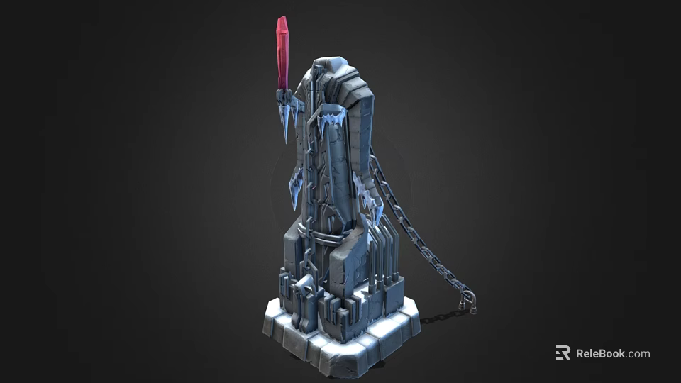 Frosty Ice Tower Architecture With Red Spire Chains And Ice Blocks 3d model 