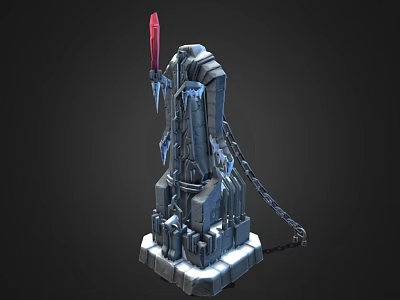 Frosty Ice Tower Architecture With Red Spire Chains And Ice Blocks 3d model