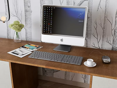 iMac Desktop Computer On Wooden Desk With Keyboard Mouse Coffee Cup Magazine And Green Plant 3d model