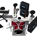 Musical Instruments Collection Featuring Red Drum Set White Guitar And Marshall Amplifiers