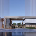 Modern Sales Office Building With Glass Facade Metal Accents Front Fountain And Green Plants
