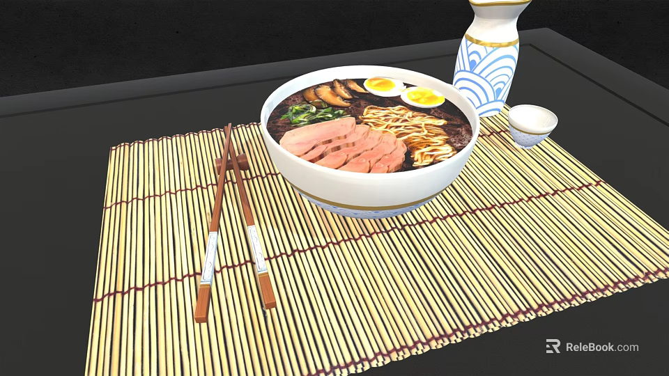 Bowl of Ramen with Pork Slices Soft Boiled Eggs Scallions Chopsticks on Bamboo Mat 3d model 
