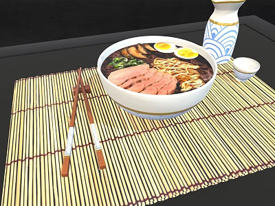 Bowl of Ramen with Pork Slices Soft Boiled Eggs Scallions Chopsticks on Bamboo Mat 3d model