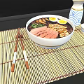 Bowl of Ramen with Pork Slices Soft Boiled Eggs Scallions Chopsticks on Bamboo Mat