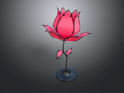 Pink Rose Shaped Decorative Lamp with Petals Stem and Black Base 3d model