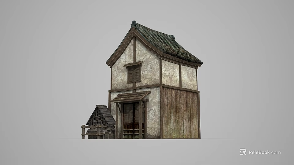 Ancient Traditional Architecture With Two Story Wooden Frame Tile Roof Weathered Walls And Wooden Door 3d model 