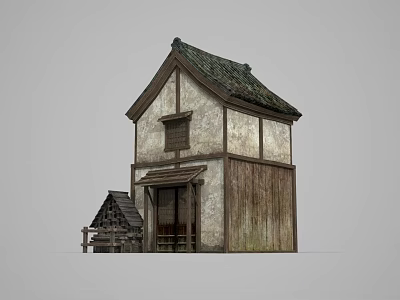 Ancient Traditional Architecture With Two Story Wooden Frame Tile Roof Weathered Walls And Wooden Door 3d model