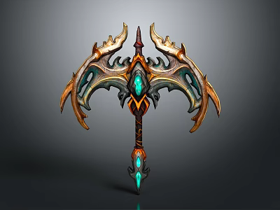 Ornate Battle Axe for Game Movie Character With Intricate Metal Design And Blue Glowing Gem 3d model