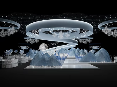 Elegant Banquet Hall With Starry Spiral Ceiling Crystal Chandeliers Iceberg Shaped Decorations And Round Tables 3d model